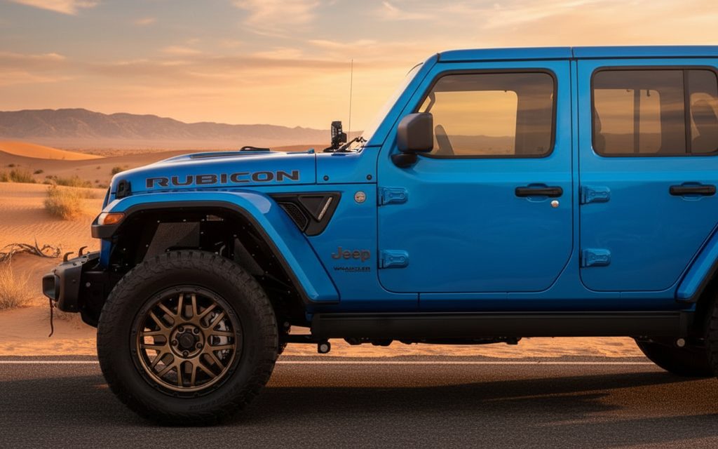 Jeep Wrangler 2024 Blue side profile – rental in Dubai