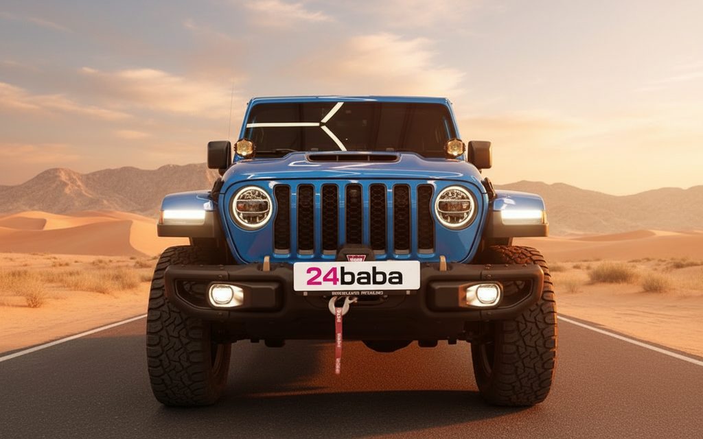 Jeep Wrangler 2024 Blue front view with headlights – rental in Dubai