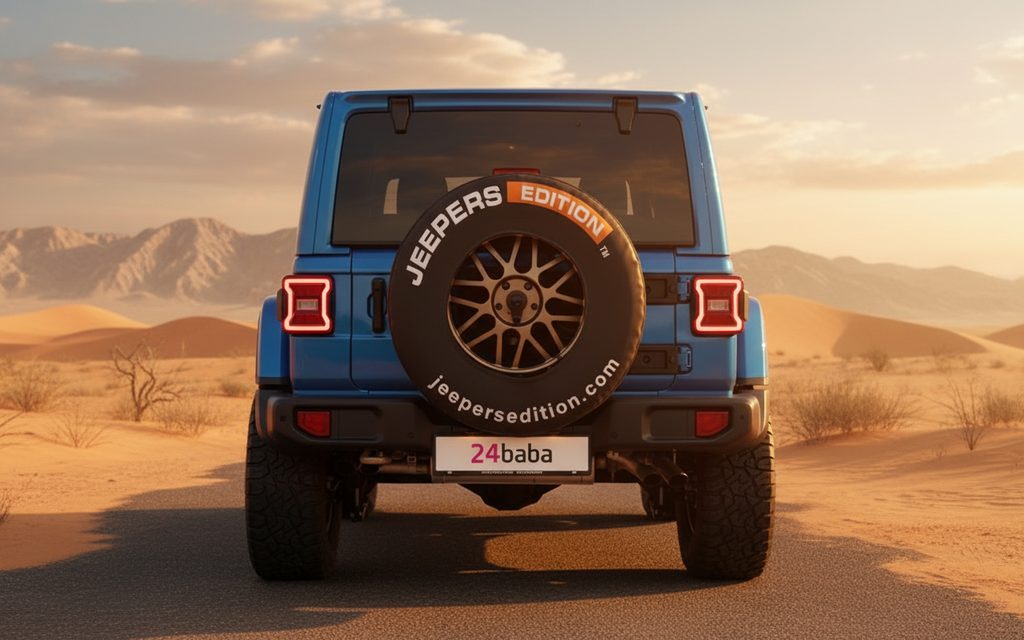 Jeep Wrangler 2024 Blue rear view showing taillights – rental in Dubai