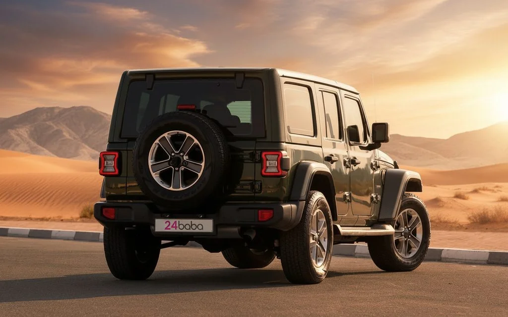 Jeep Wrangler 2021 Green rear view showing taillights – rental in Dubai