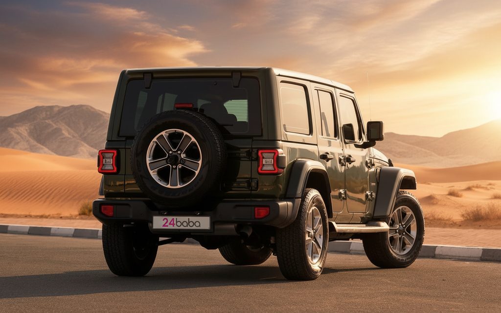 Jeep Wrangler 2021 Green rear view showing taillights – rental in Dubai