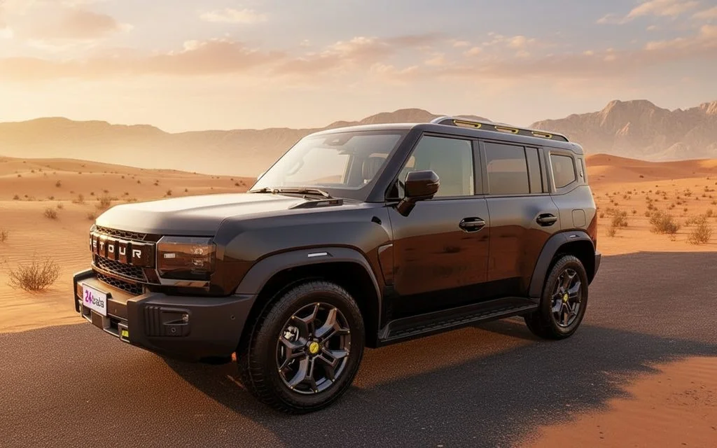 Jetour T2 2024 Black front view with headlights – rental in Dubai