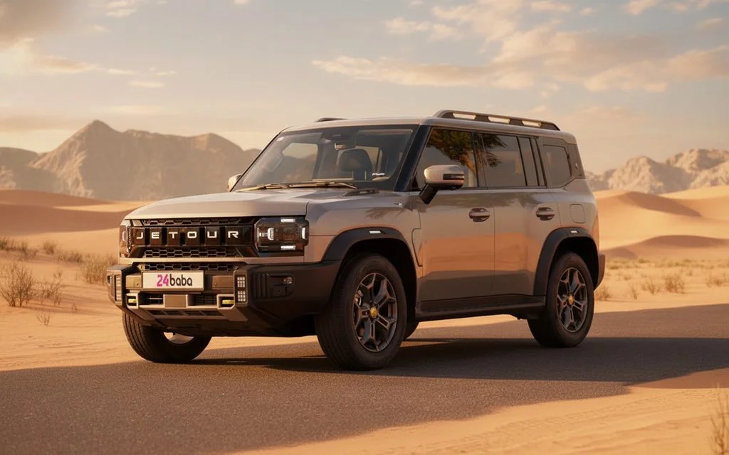 Jetour T2 2024 Silver front view with headlights – rental in Dubai