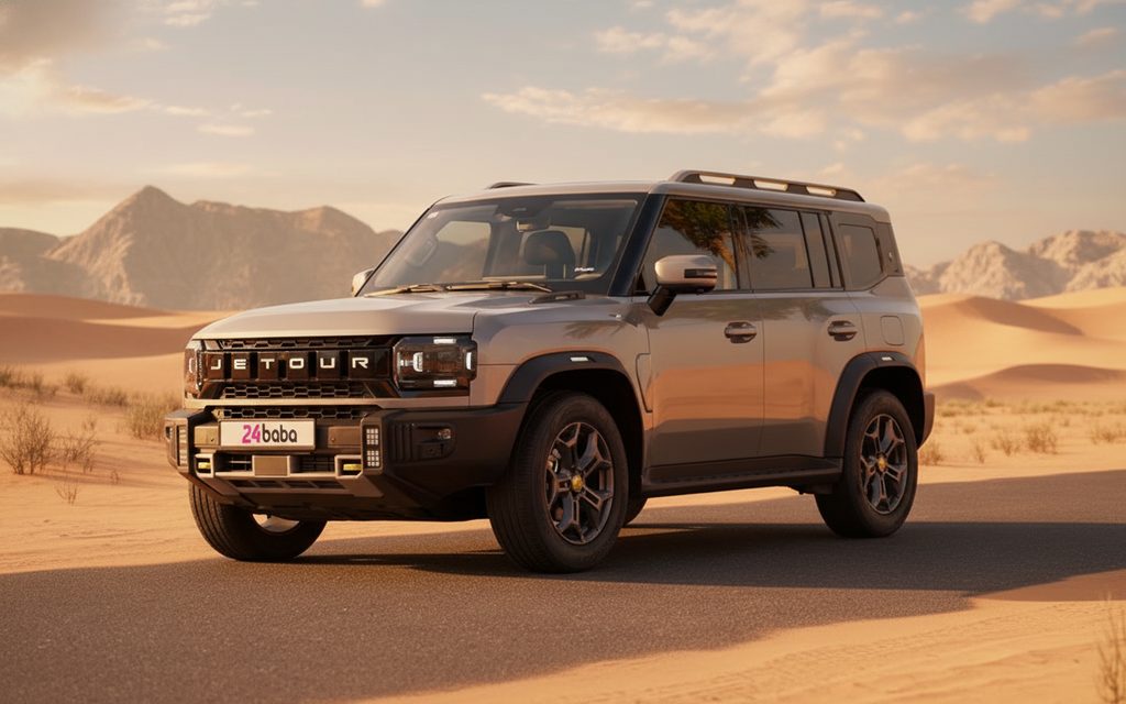 Jetour T2 2024 Silver front view with headlights – rental in Dubai