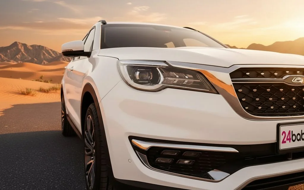 Jetour X70 2023 White front view with headlights – rental in Dubai