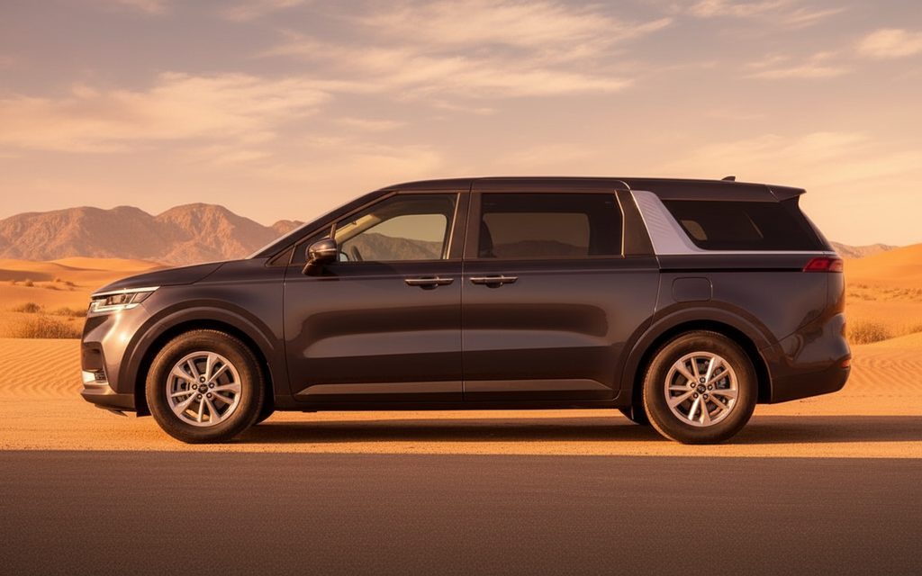Kia Carnival 2024 Dark Gray side profile – rental in Dubai
