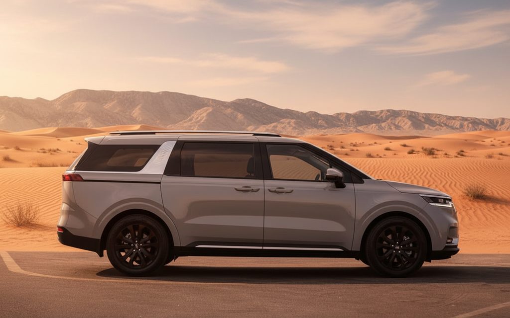 Kia Carnival 2022 Silver side profile – rental in Dubai