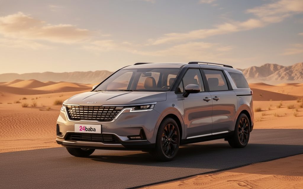 Kia Carnival 2022 Silver front view with headlights – rental in Dubai