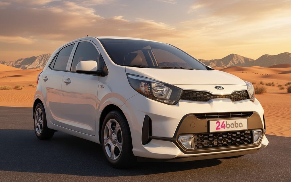 Kia Morning 2021 White front view with headlights – rental in Dubai