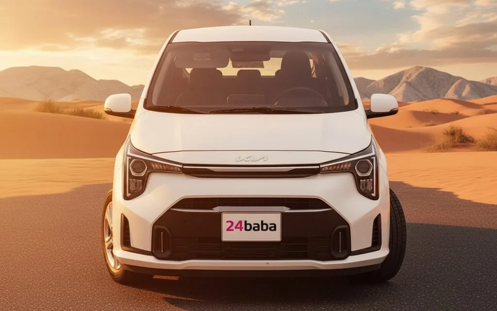 Kia Picanto 2025 White front view with headlights – rental in Dubai