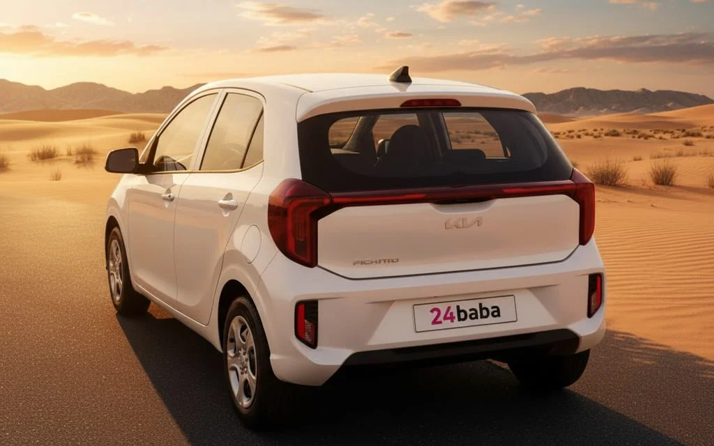Kia Picanto 2025 White rear view showing taillights – rental in Dubai