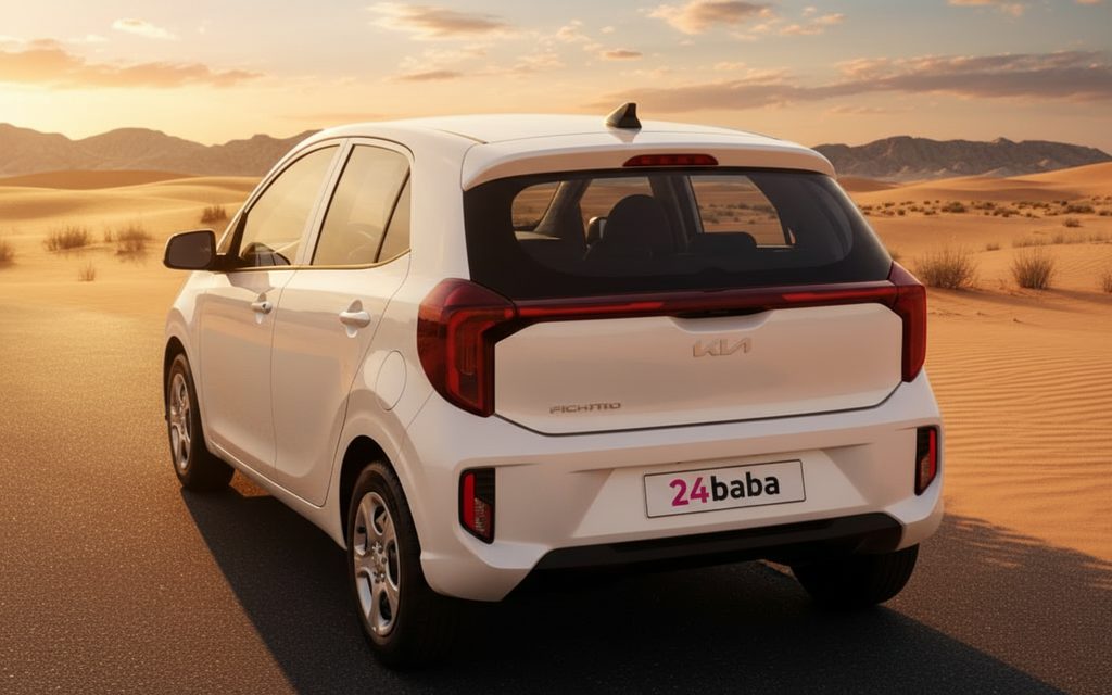 Kia Picanto 2025 White rear view showing taillights – rental in Dubai