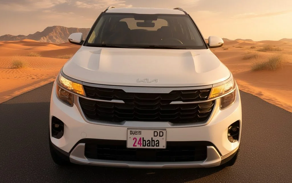 Kia Seltos 2025 White front view with headlights – rental in Dubai