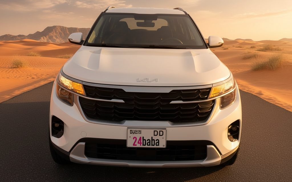 Kia Seltos 2025 White front view with headlights – rental in Dubai
