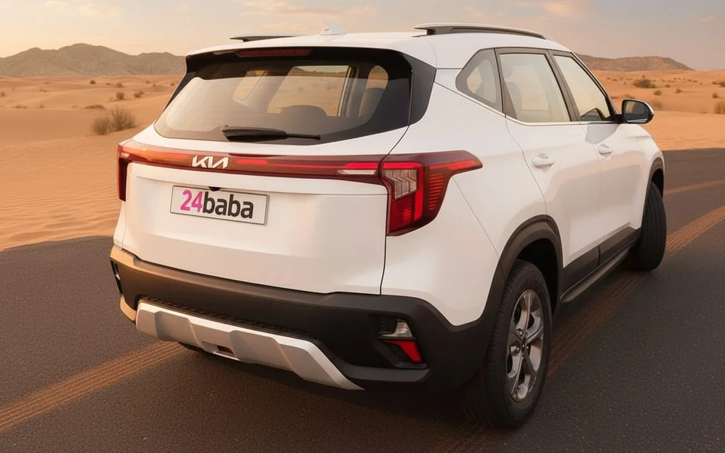 Kia Seltos 2025 White rear view showing taillights – rental in Dubai