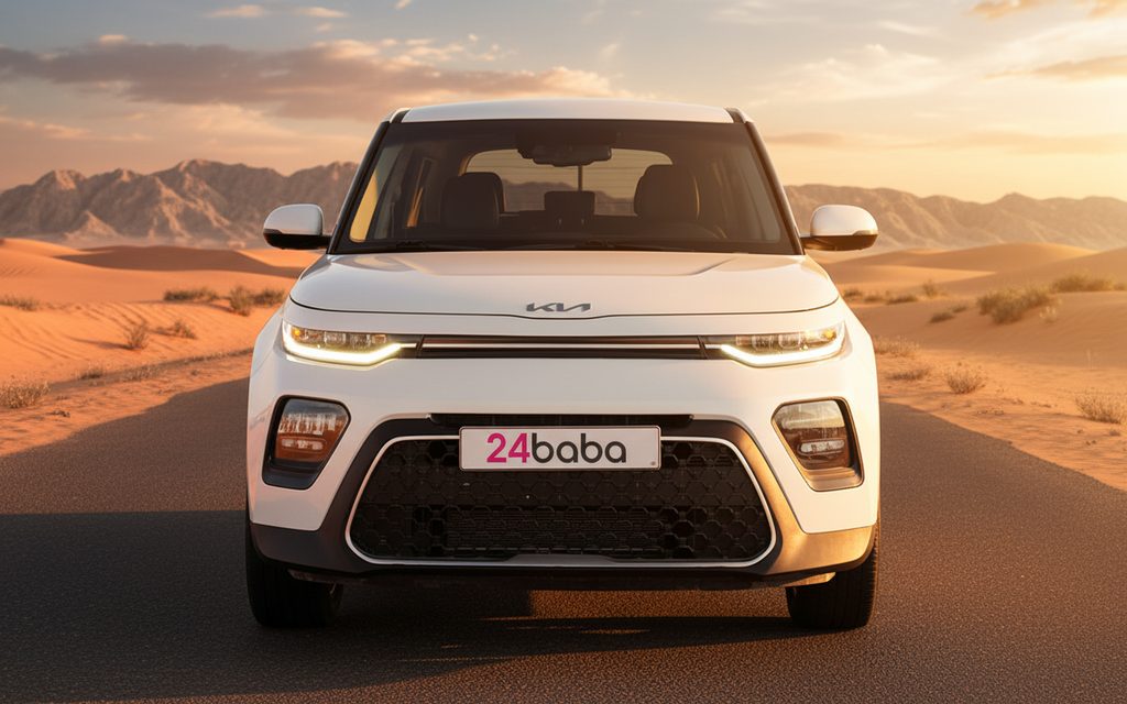 Kia Soul 2022 White front view with headlights – rental in Dubai