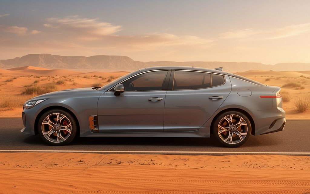 Kia Stinger 2024 Grey side profile – rental in Dubai