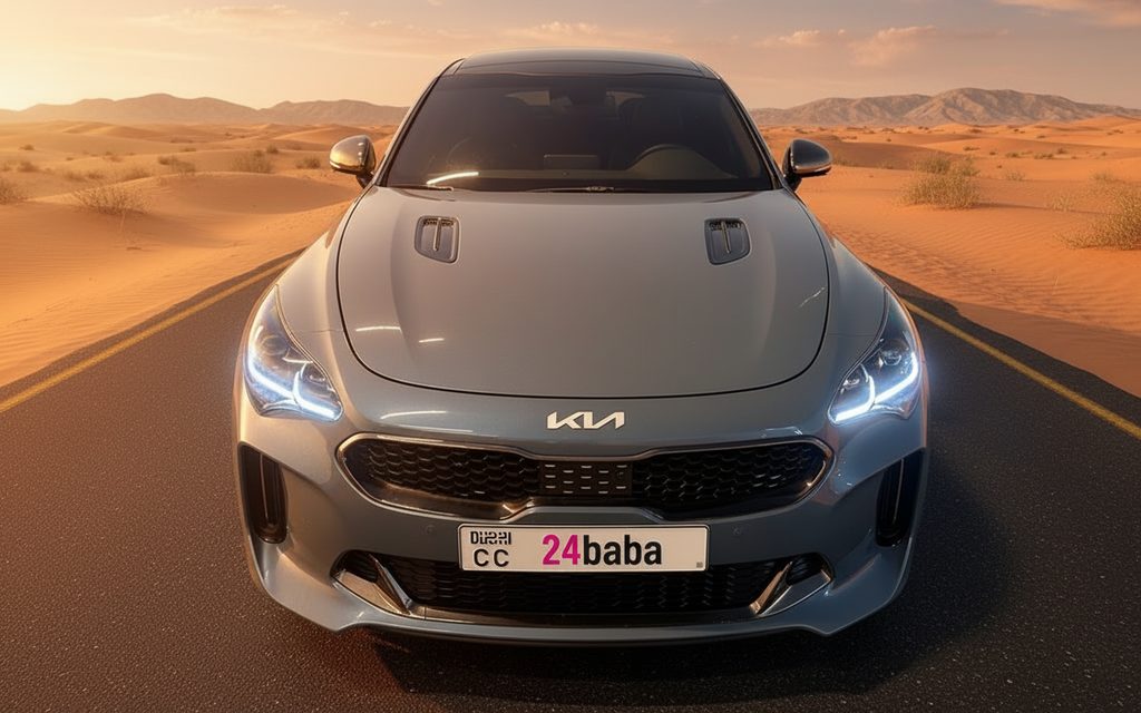 Kia Stinger 2024 Grey front view with headlights – rental in Dubai