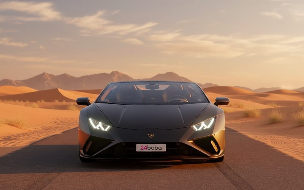 Lamborghini Huracan 2023 Black front view with headlights – rental in Dubai
