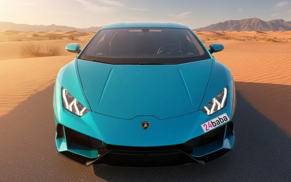 Lamborghini Huracan 2023 Blue front view with headlights – rental in Dubai