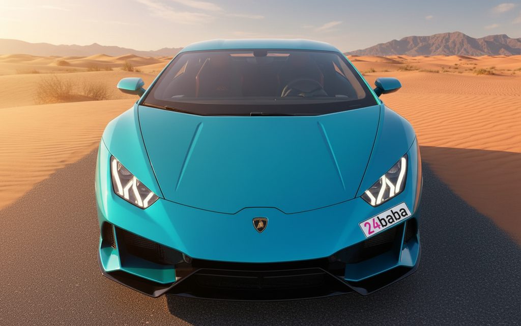 Lamborghini Huracan 2023 Blue front view with headlights – rental in Dubai