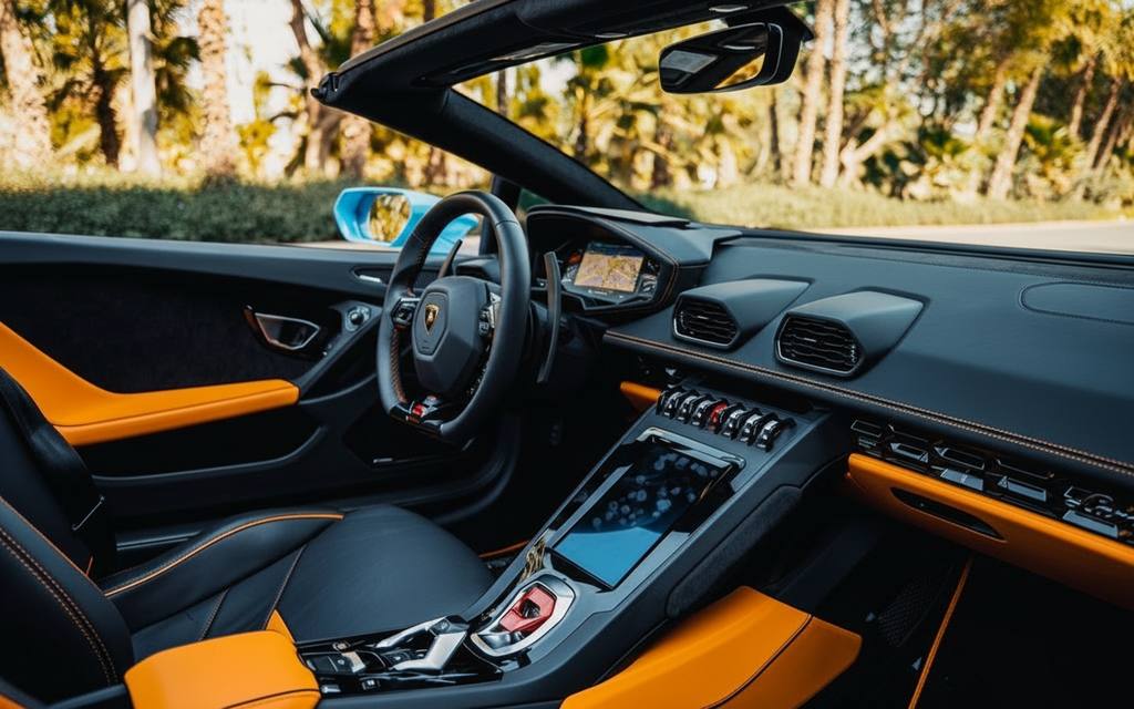 Lamborghini Huracan 2025 interior view showing trim – rental in Dubai