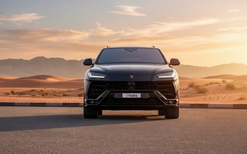 Lamborghini Urus 2021 Black front view with headlights – rental in Dubai