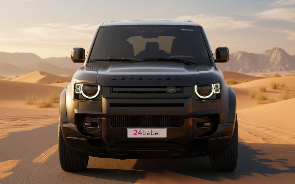 LandRover Defender 2023 Black front view with headlights