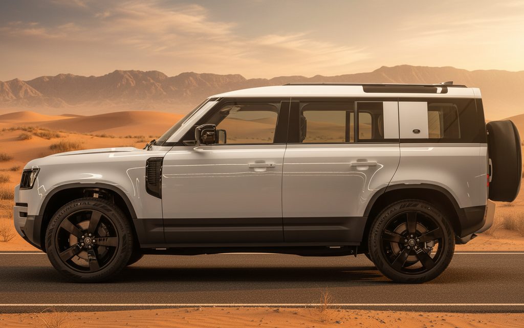 LandRover Defender 2024 Silver side profile – rental in Dubai