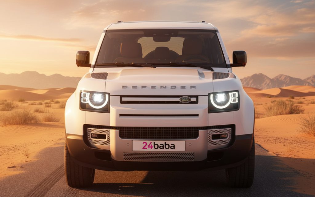 LandRover Defender 2024 Silver front view with headlights – rental in Dubai