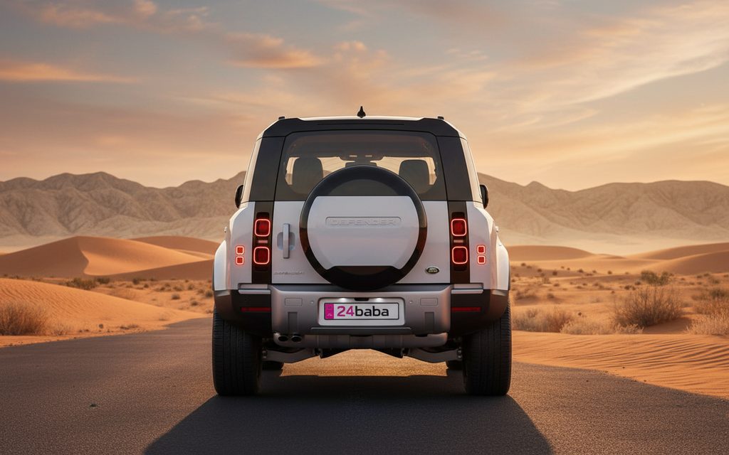 LandRover Defender 2024 Silver rear view showing taillights – rental in Dubai