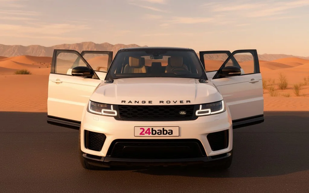 LandRover RangeRoverSport 2022 White front view with headlights – rental in Dubai