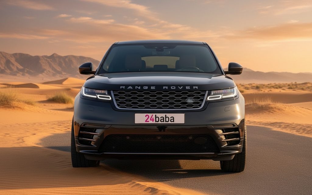 LandRover RangeRoverVelar 2022 Black front view with headlights – rental in Dubai