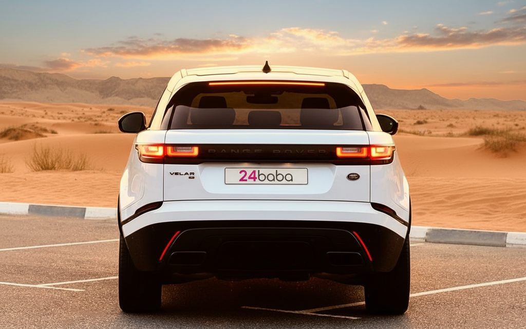 LandRover RangeRoverVelar 2023 White rear view showing taillights – rental in Dubai