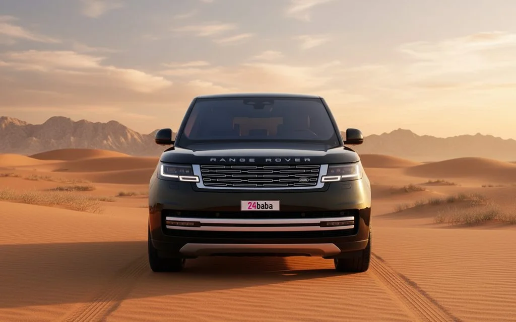 LandRover RangeRoverVogue 2024 Black front view with headlights – rental in Dubai