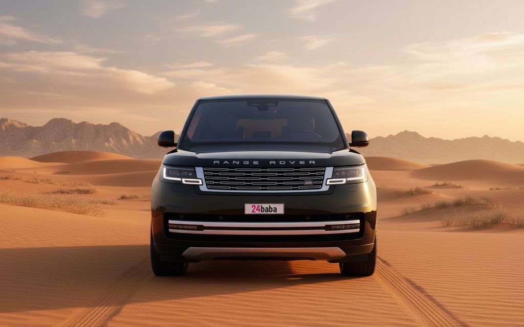 LandRover RangeRoverVogue 2024 Black front view with headlights – rental in Dubai