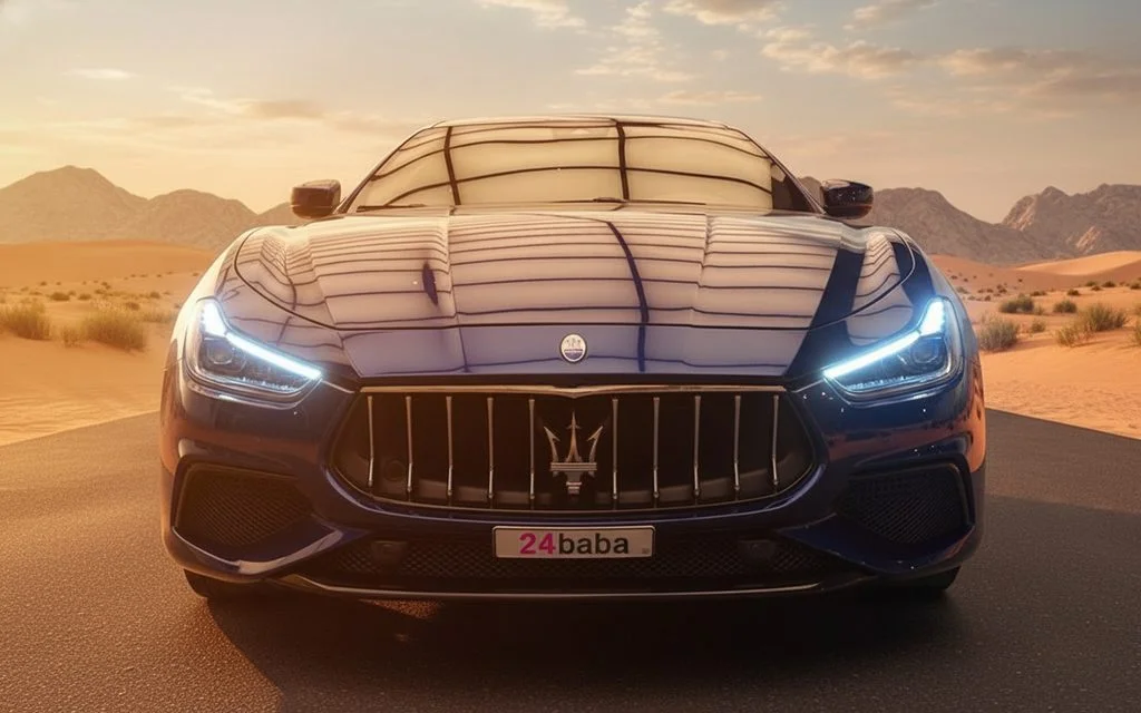 Maserati Ghibli 2022 Blue front view with headlights – rental in Dubai