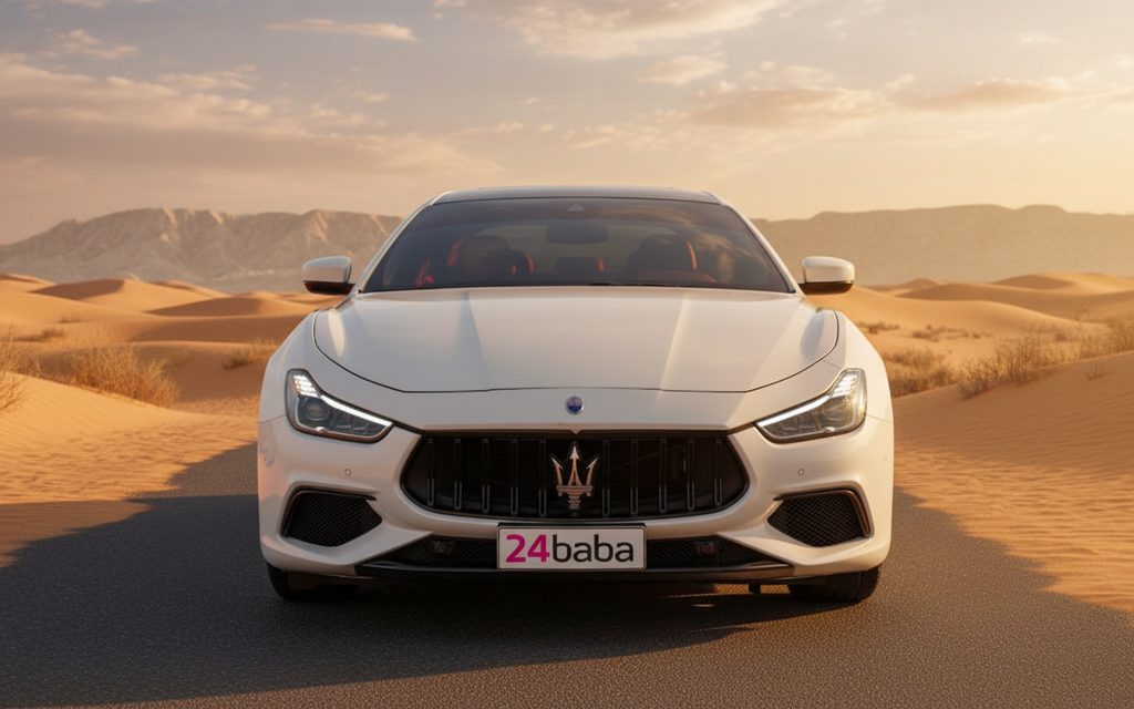 Maserati Ghibli 2022 White front view with headlights – rental in Dubai