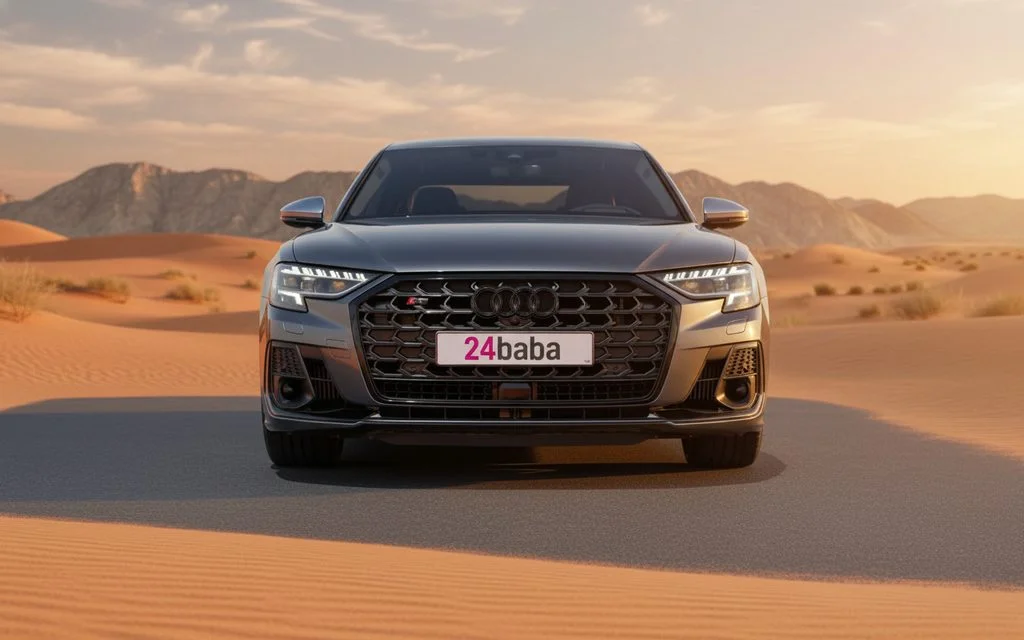 Audi S8 2022 Grey front view with headlights – rental in Dubai