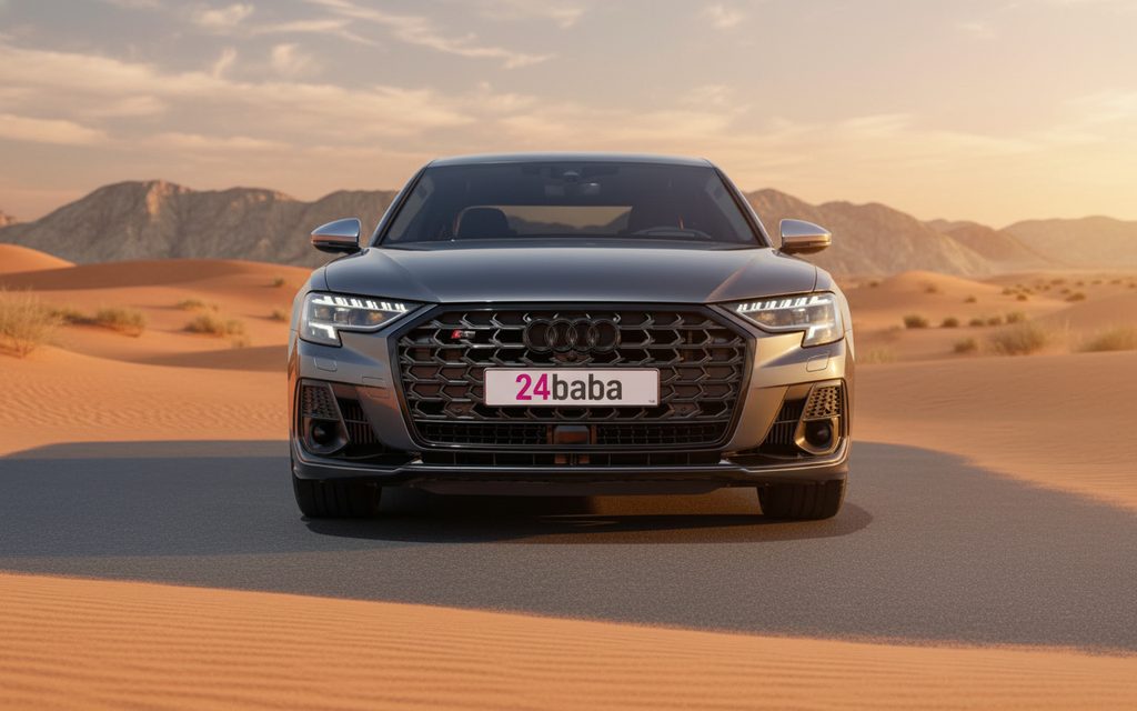 Audi S8 2022 Grey front view with headlights – rental in Dubai