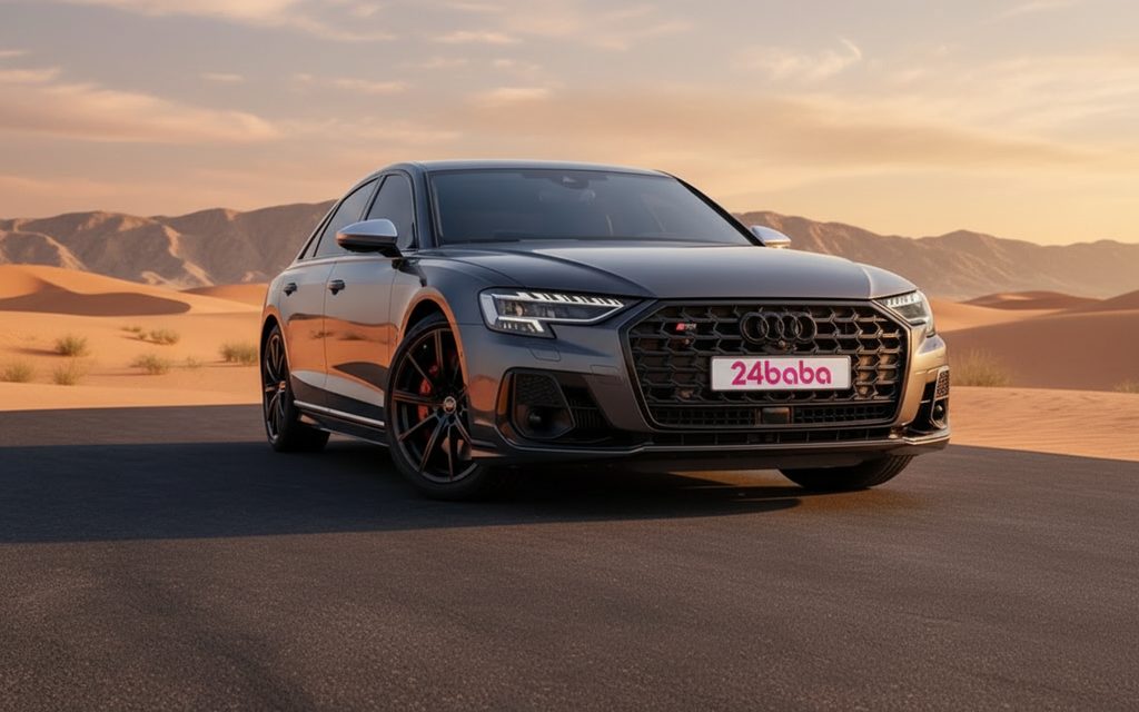 Audi S8 2022 Grey front view with headlights – rental in Dubai