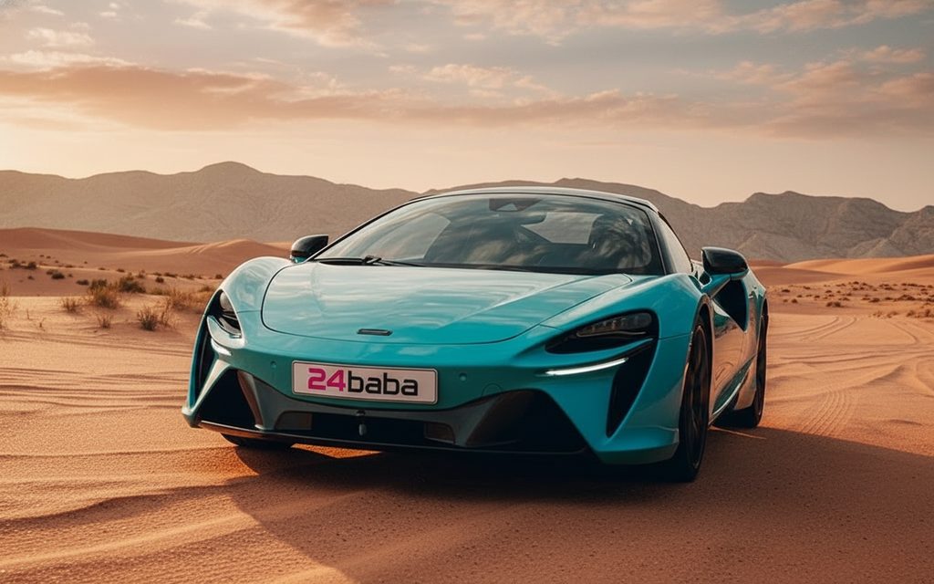 Mclaren Artura 2025 Blue front view with headlights – rental in Dubai