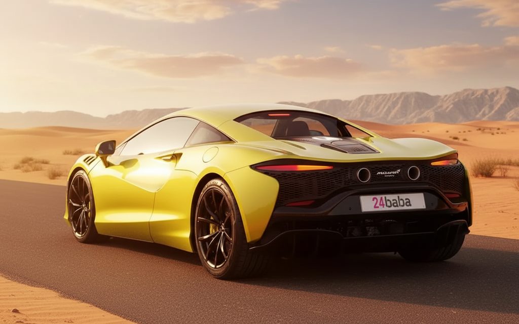Mclaren Artura 2024 Yellow rear view showing taillights – rental in Dubai