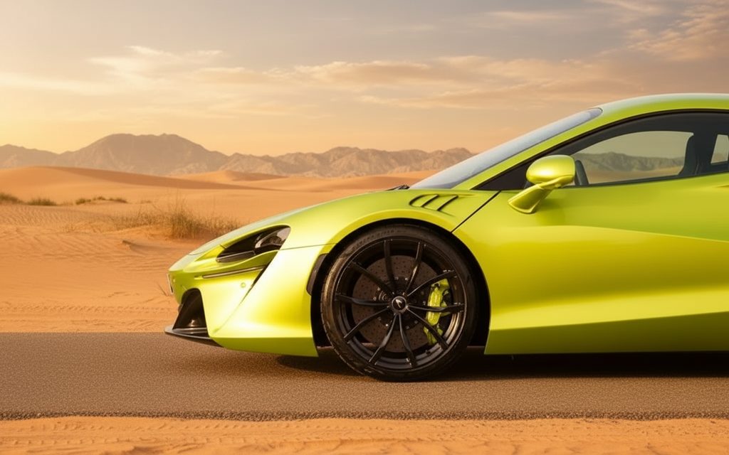 Mclaren Artura 2024 Yellow rear view showing taillights – rental in Dubai