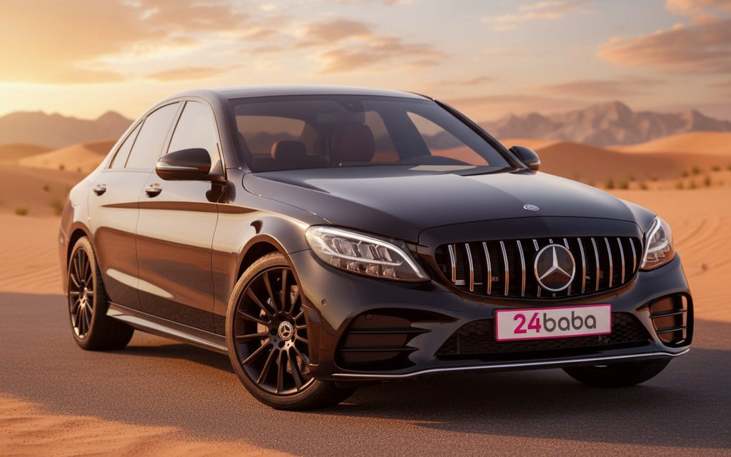 Mercedes C300 2021 Black front view with headlights