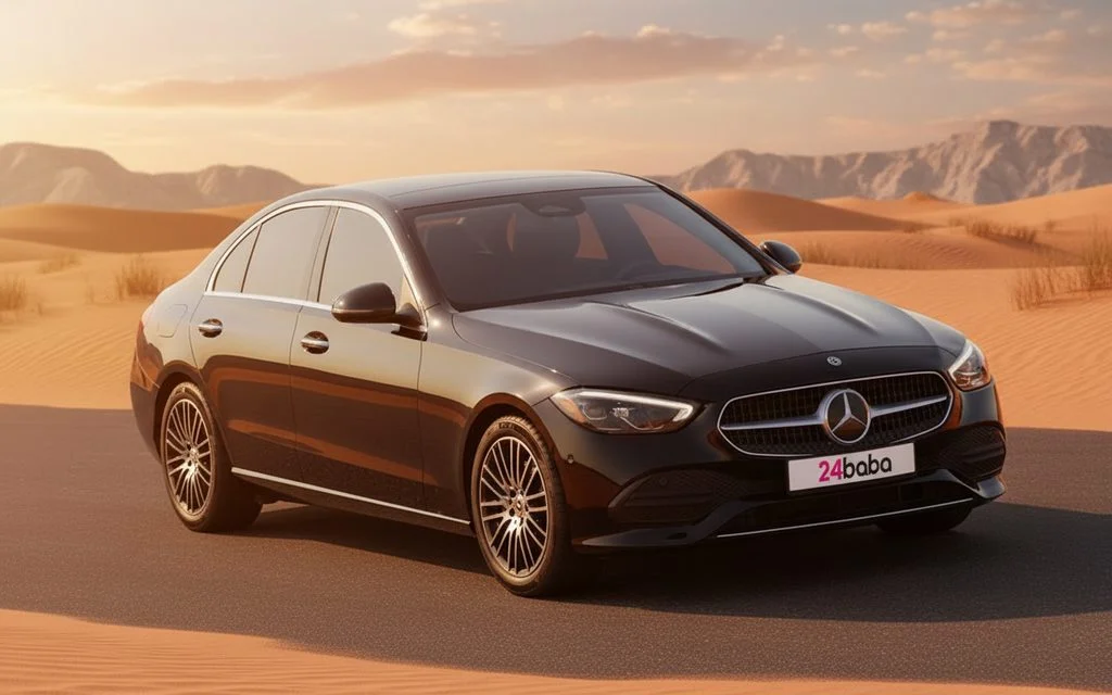 Mercedes C300 2024 Black front view with headlights