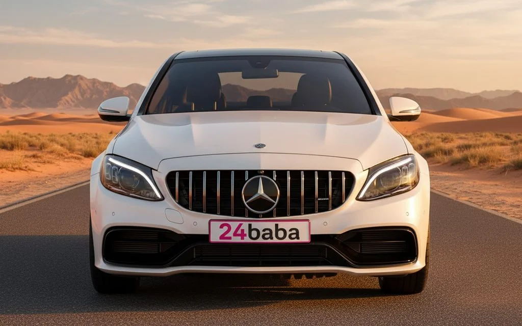 Mercedes C300 2021 White front view with headlights – rental in Dubai