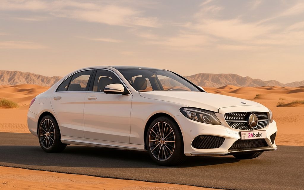 Mercedes C300 2021 White side profile – rental in Dubai