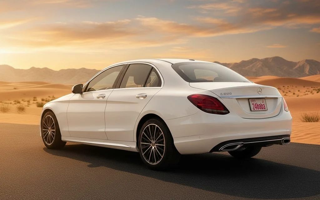 Mercedes C300 2021 White rear view showing taillights – rental in Dubai