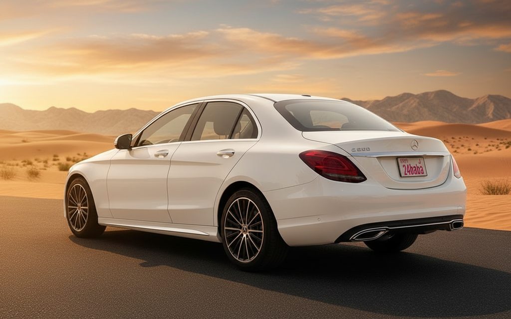 Mercedes C300 2021 White rear view showing taillights – rental in Dubai